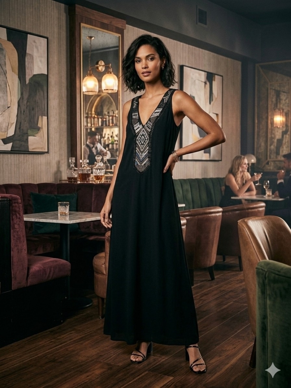 Nickelodeon Black Maxi Dress with Silver Beaded V-Neck